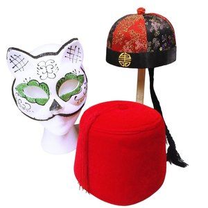 Vintage Lot of 3 Collection Fancy Dress Costume Party Hats Cat Mask Fez Asian